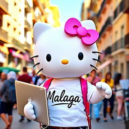 Hello Kitty in the vibrant city of Malaga, wearing a stylish t-shirt with "Malaga" printed on it