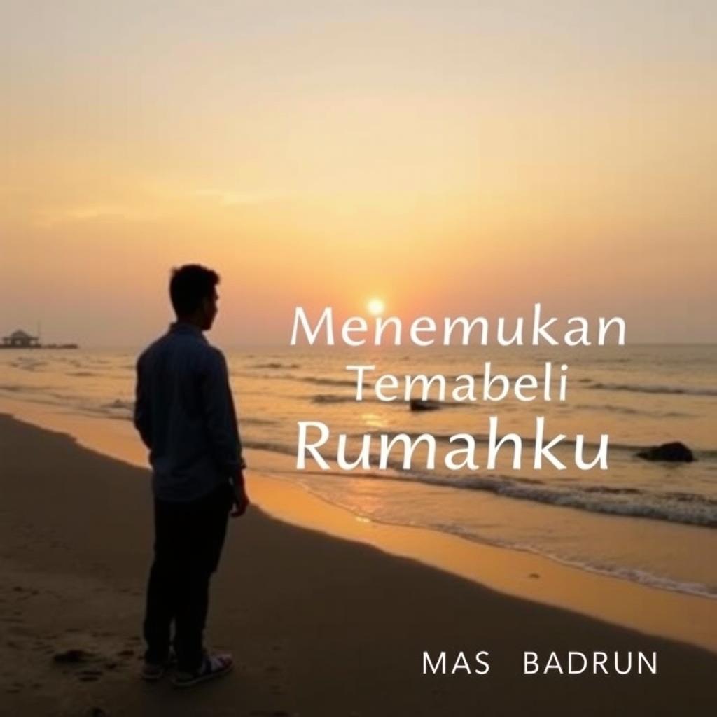 A man stands alone on a beach at dusk, with the sun setting on the horizon casting a warm glow over the scene