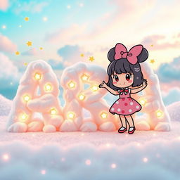 A delightful and whimsical scene featuring the name 'ARA' in a cloud-like, playful font, surrounded by adorable, kawaii stars and twinkling lights