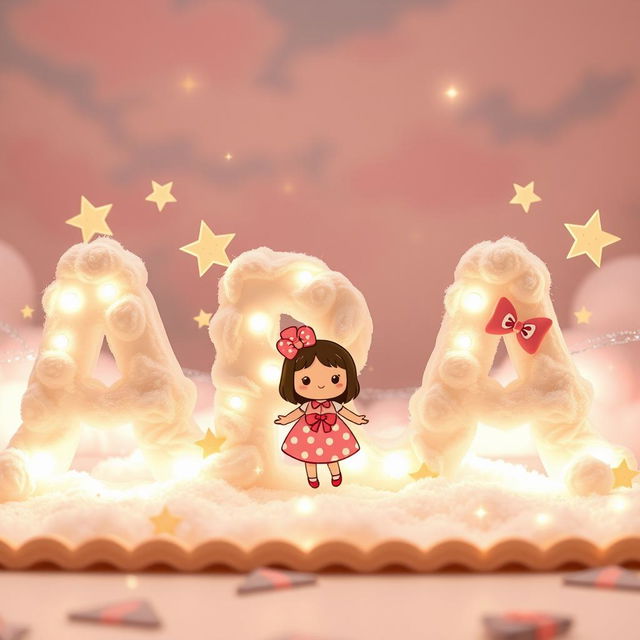 A delightful and whimsical scene featuring the name 'ARA' in a cloud-like, playful font, surrounded by adorable, kawaii stars and twinkling lights