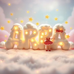 A delightful and whimsical scene featuring the name 'ARA' in a cloud-like, playful font, surrounded by adorable, kawaii stars and twinkling lights