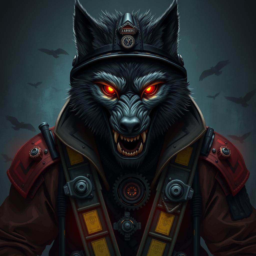 a conceptual illustration of a scary temporalpunk werewolf firefighter, portrayed as a dark horror portrait