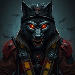 a conceptual illustration of a scary temporalpunk werewolf firefighter, portrayed as a dark horror portrait