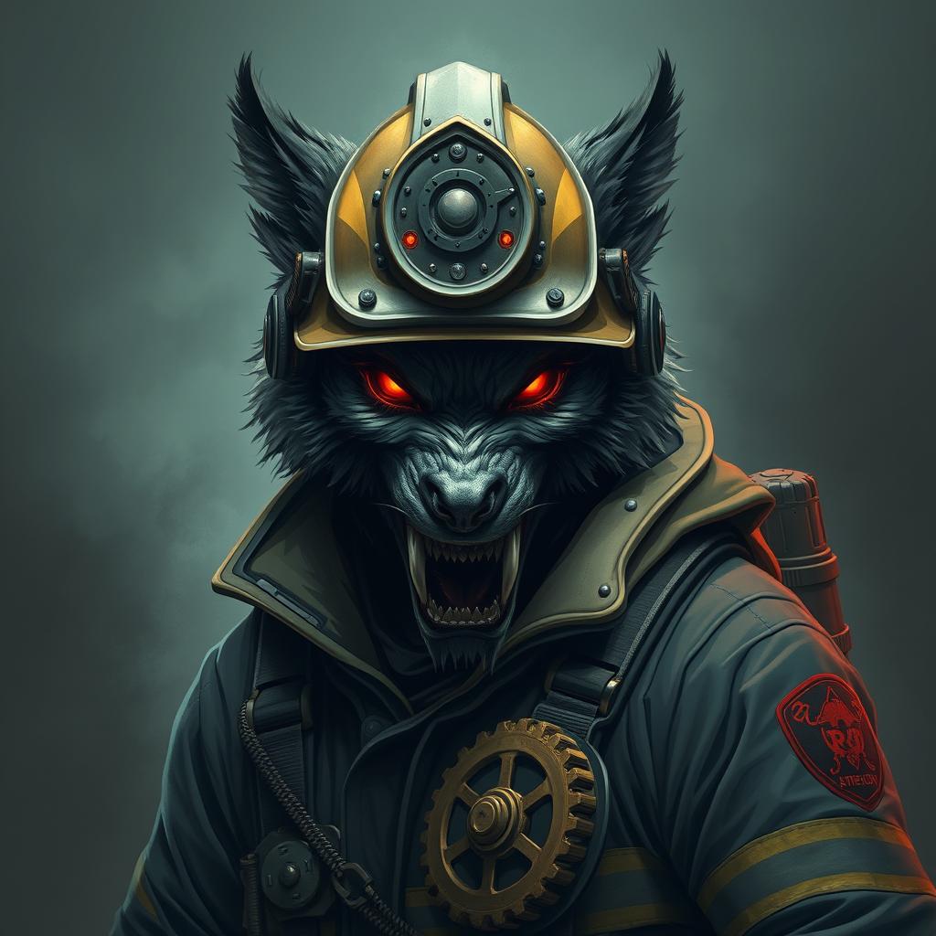 a conceptual illustration of a scary temporalpunk werewolf firefighter, portrayed as a dark horror portrait