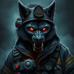 a conceptual illustration of a scary temporalpunk werewolf firefighter, portrayed as a dark horror portrait