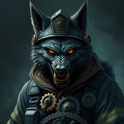 a conceptual illustration of a scary temporalpunk werewolf firefighter, portrayed as a dark horror portrait