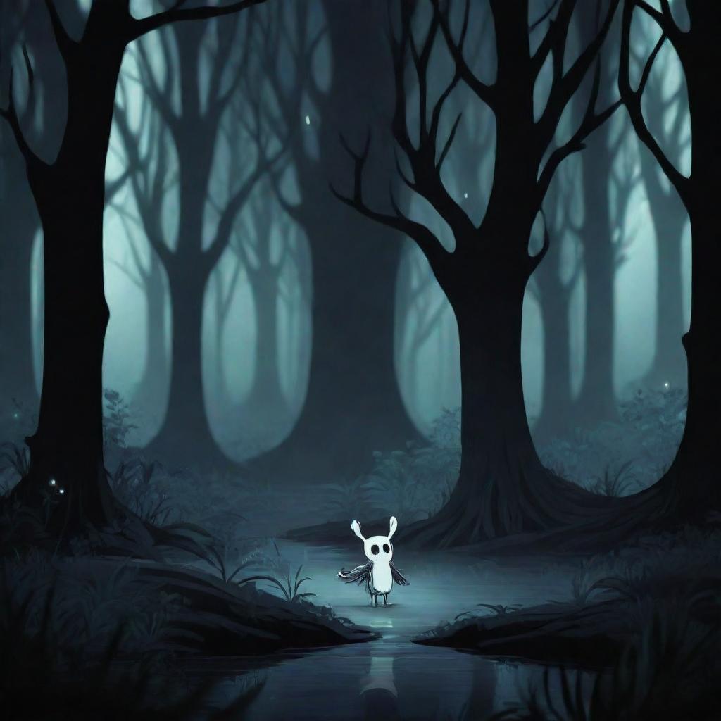 Generate a shadowy forest background illuminated by sporadic glows of bioluminescent flora and fauna, reminiscent of the eerie and enchanting settings in the game Hollow Knight.