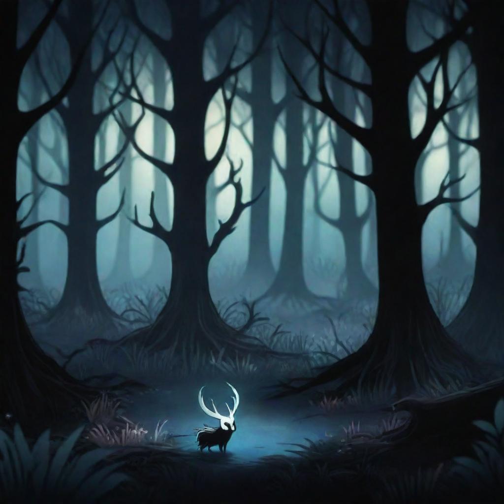 Generate a shadowy forest background illuminated by sporadic glows of bioluminescent flora and fauna, reminiscent of the eerie and enchanting settings in the game Hollow Knight.