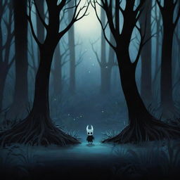 Generate a shadowy forest background illuminated by sporadic glows of bioluminescent flora and fauna, reminiscent of the eerie and enchanting settings in the game Hollow Knight.