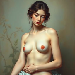 A tasteful artistic depiction of a nude woman in a classical pose, reminiscent of Renaissance art, with soft lighting that highlights the elegance and beauty of the human form