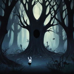 Generate a shadowy forest background illuminated by sporadic glows of bioluminescent flora and fauna, reminiscent of the eerie and enchanting settings in the game Hollow Knight.