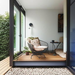 A compact, enclosed terrace adorned with a cozy sitting area, efficiently utilizing minimal space while maintaining a comfortable and inviting atmosphere.