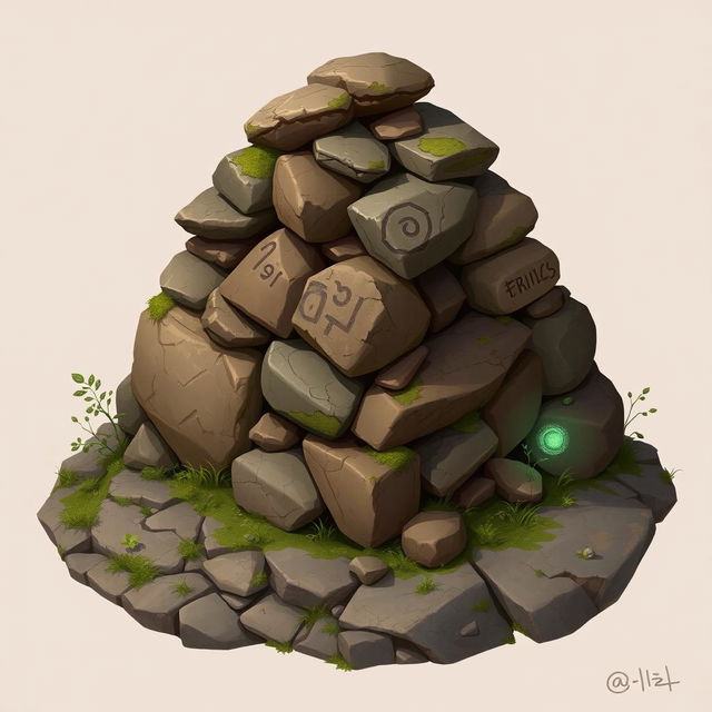 A 2D illustration of a pile of rocks, meticulously stacked and resembling something out of a Dungeons & Dragons setting