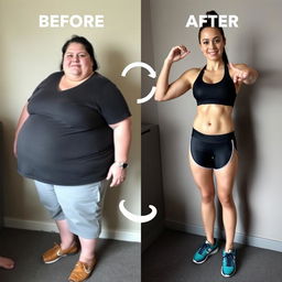 a realistic transformation image depicting a person before and after weight loss