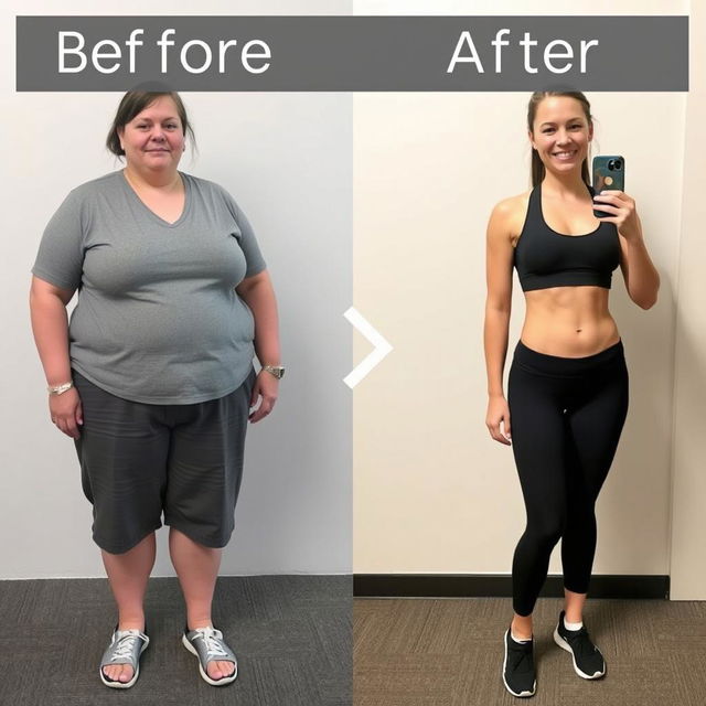 a realistic transformation image depicting a person before and after weight loss