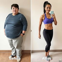 a realistic transformation image depicting a person before and after weight loss