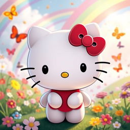 A cute and cheerful Hello Kitty character, wearing her signature red bow on her left ear, standing in a colorful and magical world filled with rainbows, flowers, and butterflies