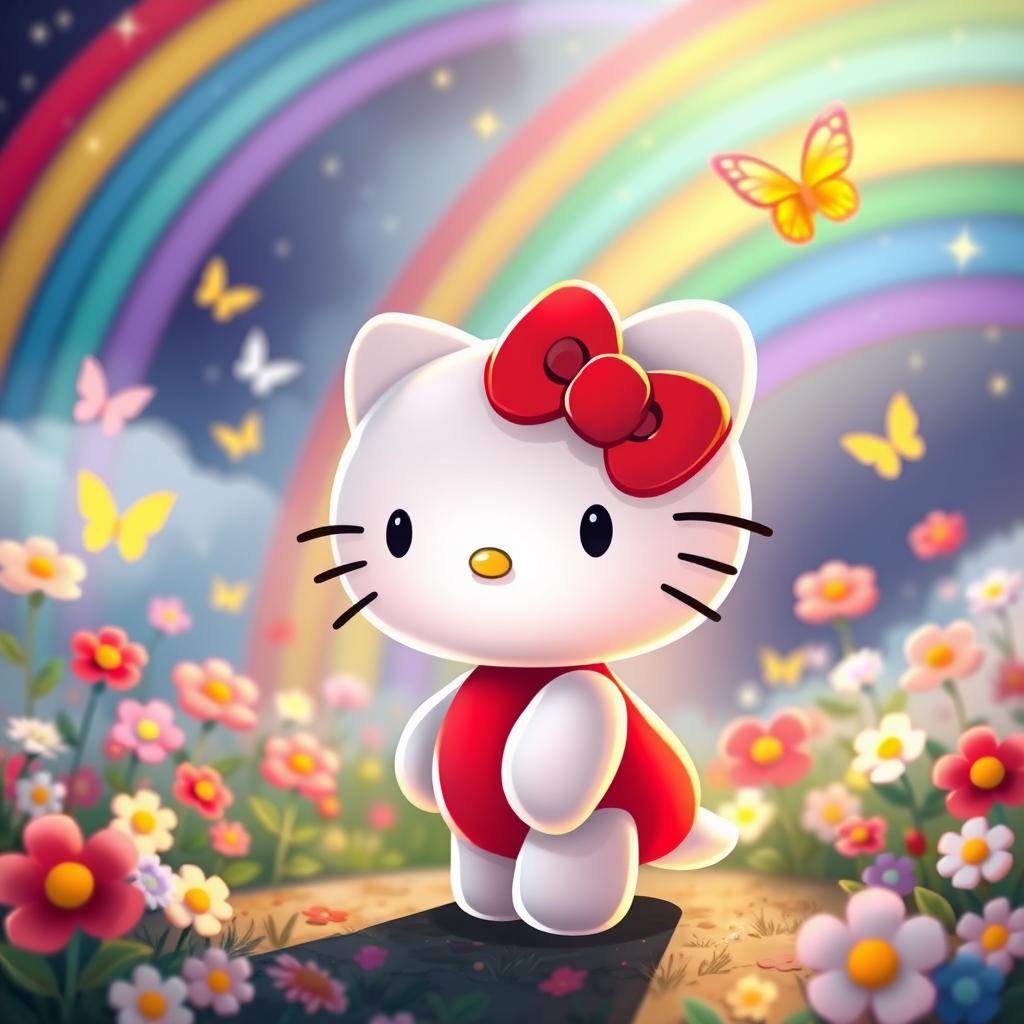 A cute and cheerful Hello Kitty character, wearing her signature red bow on her left ear, standing in a colorful and magical world filled with rainbows, flowers, and butterflies