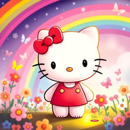 A cute and cheerful Hello Kitty character, wearing her signature red bow on her left ear, standing in a colorful and magical world filled with rainbows, flowers, and butterflies