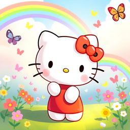 A cute and cheerful Hello Kitty character, wearing her signature red bow on her left ear, standing in a colorful and magical world filled with rainbows, flowers, and butterflies