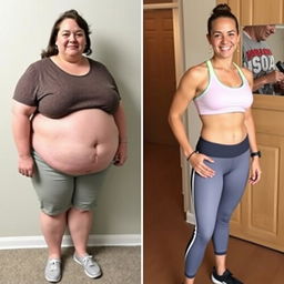 a realistic transformation image depicting the same person before and after weight loss