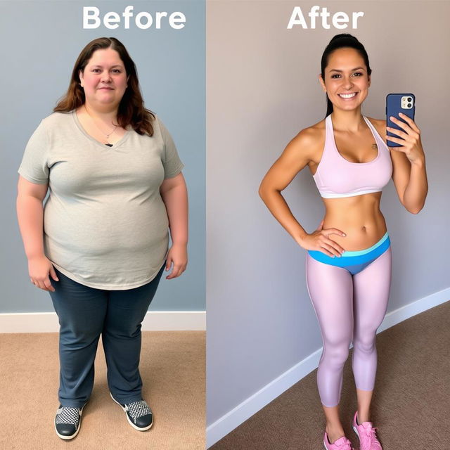 a realistic transformation image depicting the same person before and after weight loss