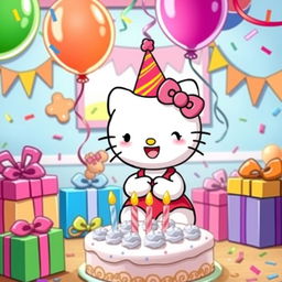 Hello Kitty celebrating her birthday in a cute, colorful room with balloons, gifts, and a birthday cake