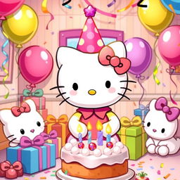 Hello Kitty celebrating her birthday in a cute, colorful room with balloons, gifts, and a birthday cake