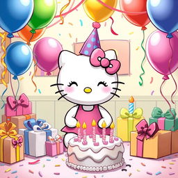 Hello Kitty celebrating her birthday in a cute, colorful room with balloons, gifts, and a birthday cake