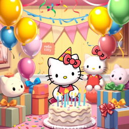 Hello Kitty celebrating her birthday in a cute, colorful room with balloons, gifts, and a birthday cake