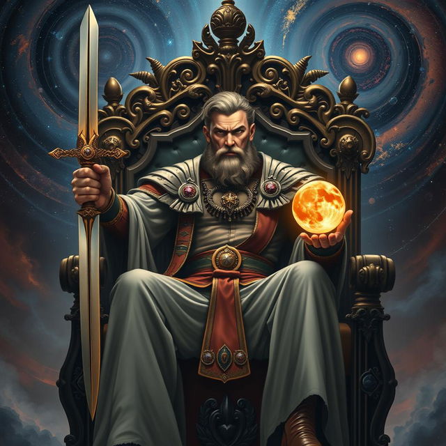 A powerful man seated majestically on a grand throne, holding a shining sword in one hand and a miniature glowing planet in the other