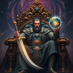 A powerful man seated majestically on a grand throne, holding a shining sword in one hand and a miniature glowing planet in the other