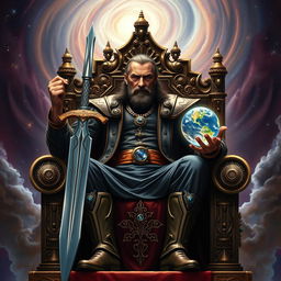 A powerful man seated majestically on a grand throne, holding a shining sword in one hand and a miniature glowing planet in the other