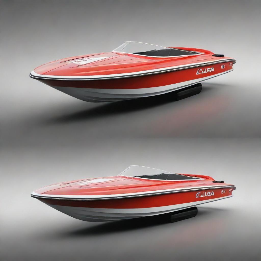 An unconventional and robust speed boat design that incorporates the distinct design elements, colors, and logo of a classic Lada car