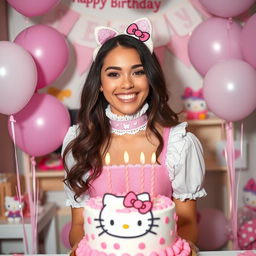 a young woman wearing a cute Hello Kitty-themed outfit celebrating her birthday