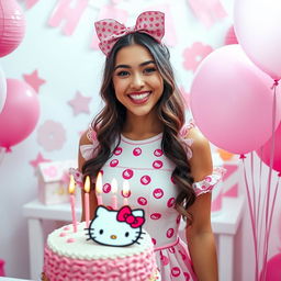 a young woman wearing a cute Hello Kitty-themed outfit celebrating her birthday