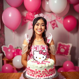 a young woman wearing a cute Hello Kitty-themed outfit celebrating her birthday