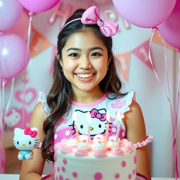 a young woman wearing a cute Hello Kitty-themed outfit celebrating her birthday