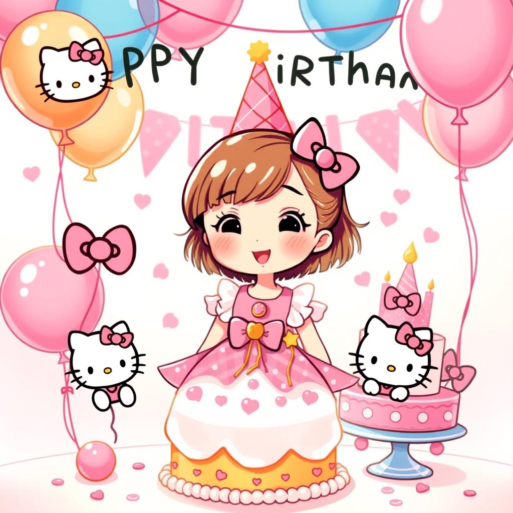 an illustration of a cute girl celebrating her birthday, with a Hello Kitty theme