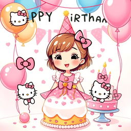 an illustration of a cute girl celebrating her birthday, with a Hello Kitty theme