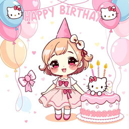 an illustration of a cute girl celebrating her birthday, with a Hello Kitty theme