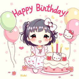 an illustration of a cute girl celebrating her birthday, with a Hello Kitty theme