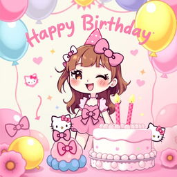 an illustration of a cute girl celebrating her birthday, with a Hello Kitty theme