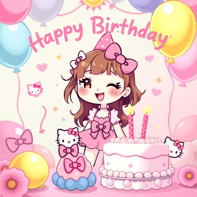 an illustration of a cute girl celebrating her birthday, with a Hello Kitty theme