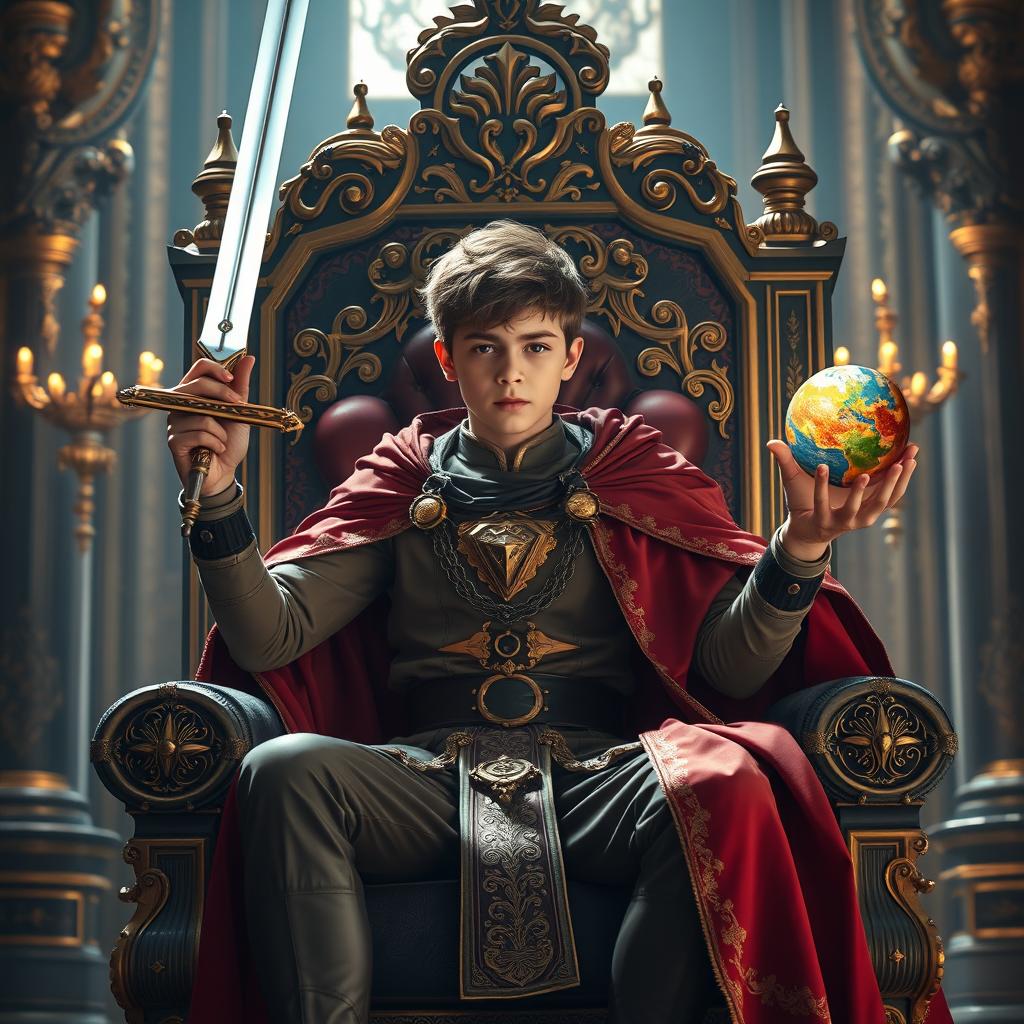 A youthful and regal male seated confidently on an intricately designed throne