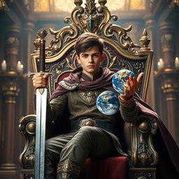 A youthful and regal male seated confidently on an intricately designed throne