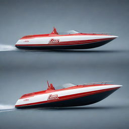 An unconventional and robust speed boat design that incorporates the distinct design elements, colors, and logo of a classic Lada car