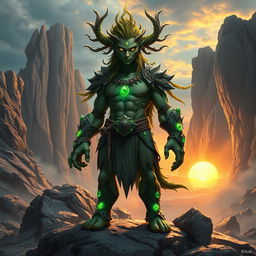 An Earth Genasi standing majestically on a rocky terrain, its skin resembling cracked earth with veins of glowing gems