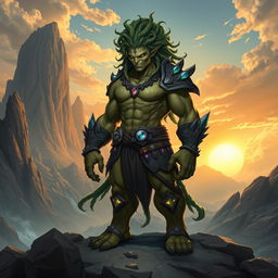 An Earth Genasi standing majestically on a rocky terrain, its skin resembling cracked earth with veins of glowing gems