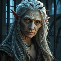 an older female elf with a mystical, starry appearance, her skin shimmering like the night sky